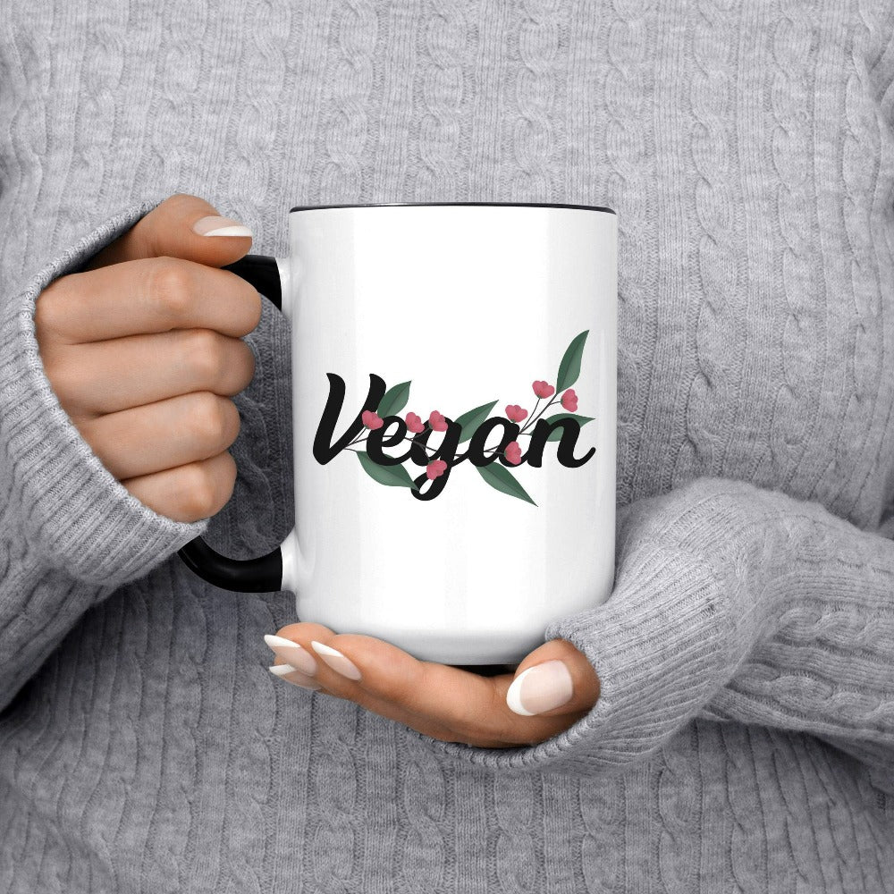 Floral vegan graphic coffee mug. Know a vegan? This top is always a hit and makes a great birthday or Christmas holiday gift. Super adorable and expressive gift idea for family, friend, chef, foodie or co-worker.
