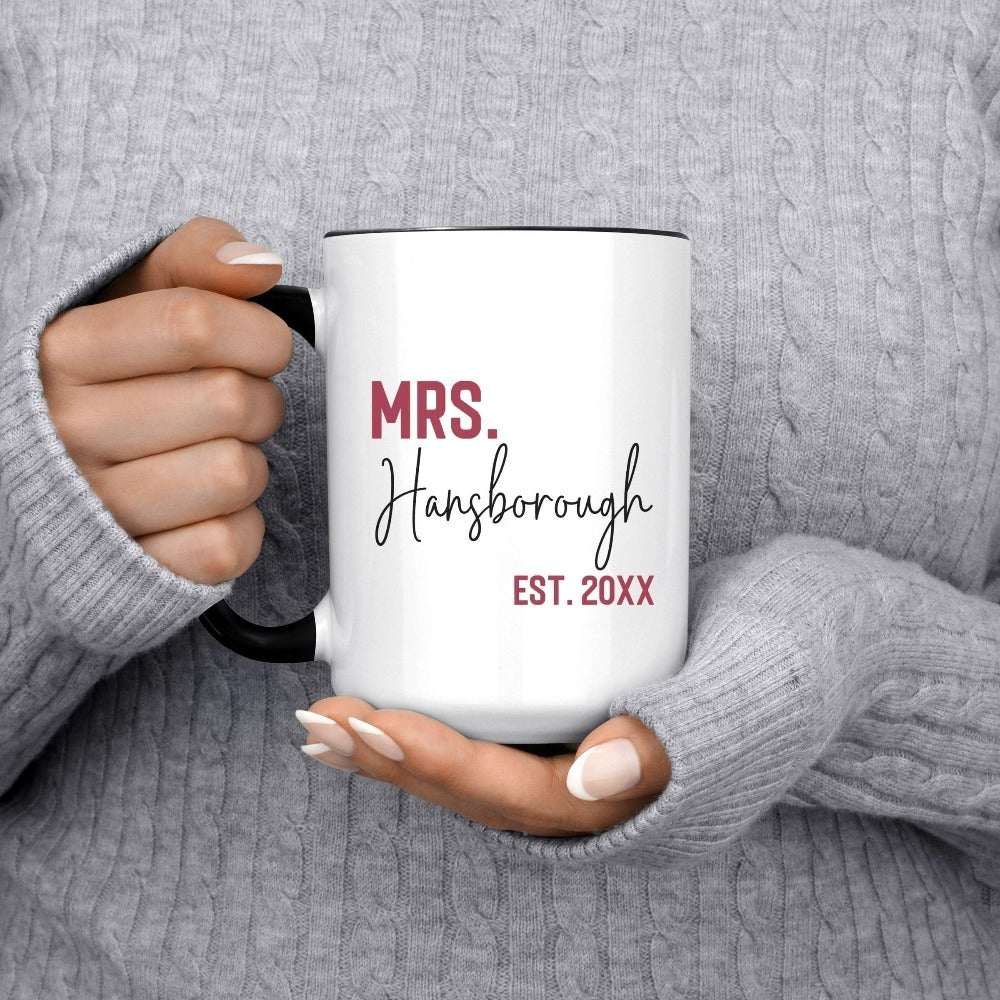 Grab this adorable Mrs. coffee mug for the newest bride to be. customized with name and date, this cute gift idea is perfect for a bridal shower or wedding present for the soon to be Mrs. or engagement anniversary gift for wife/spouse. Custom personalized bachelorette party gift idea.