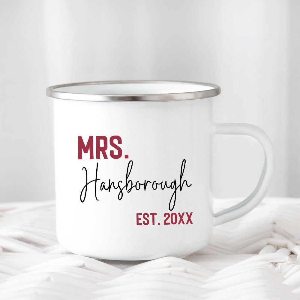 Grab this adorable Mrs. coffee mug for the newest bride to be. customized with name and date, this cute gift idea is perfect for a bridal shower or wedding present for the soon to be Mrs. or engagement anniversary gift for wife/spouse. Custom personalized bachelorette party gift idea.