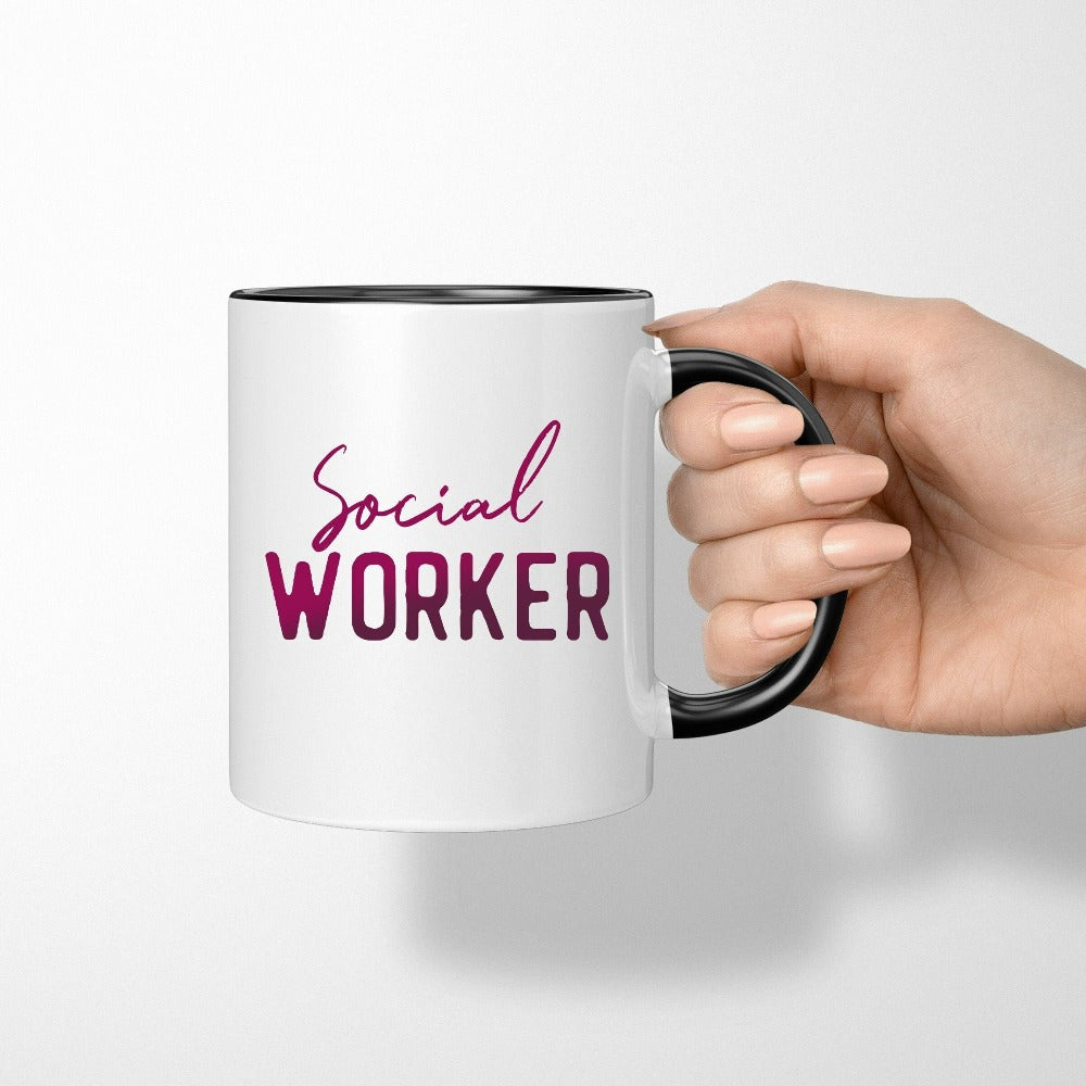 Social Worker coffee mug. This is a great graduation gift idea for future school counselor or social work grad. Perfect for Christmas present, staff motivation, appreciation gift or social worker week souvenir for the staff team.