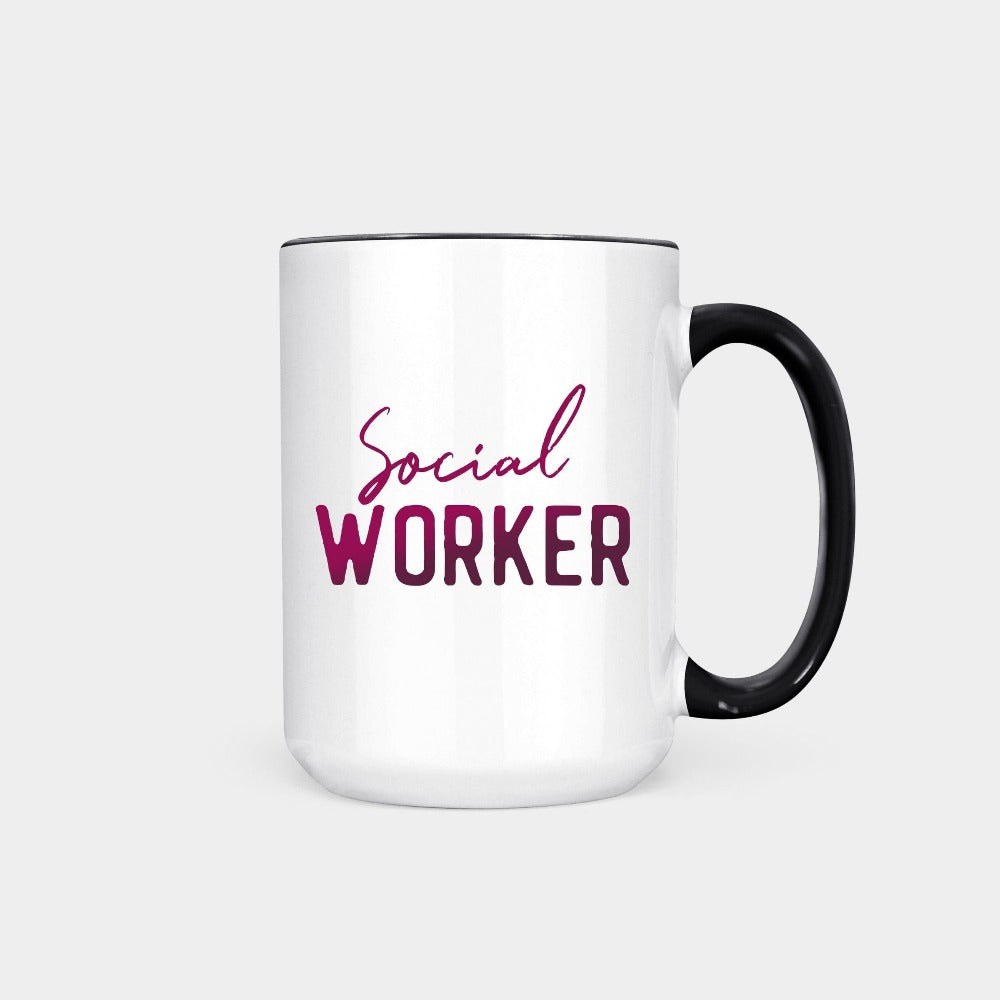 Social Worker coffee mug. This is a great graduation gift idea for future school counselor or social work grad. Perfect for Christmas present, staff motivation, appreciation gift or social worker week souvenir for the staff team.