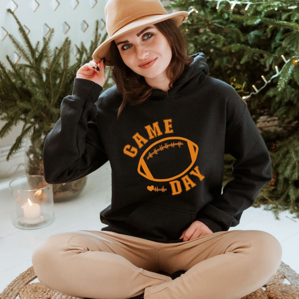 We all love sports like football, basketball, baseball and volleyball. This game day hoodie is great for sport lover like mom, dad, teenager son and daughter. A sporty hoodie outfit while having a great time watching playoffs or championship game.