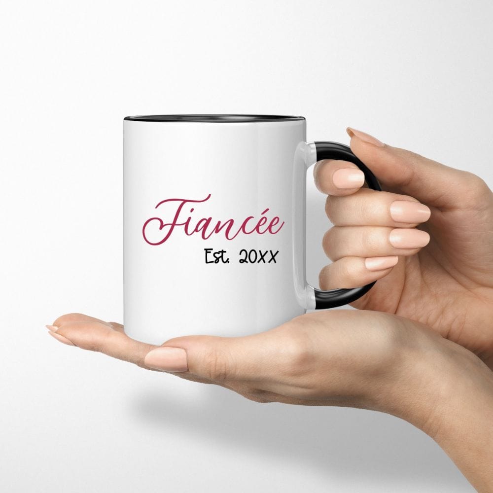 Fiancé and fiancée matching couples coffee mug. Getting ready for a honeymoon vacation, family reunion cruise to celebrate your engagement? This his and hers matching souvenir is always a hit. Customized with date, it is a perfect bridal party wedding gift idea for bride and groom. Also great as a welcome gift for future soon-to-be daughter-in-law or son-in-law and new Mr and Mrs.