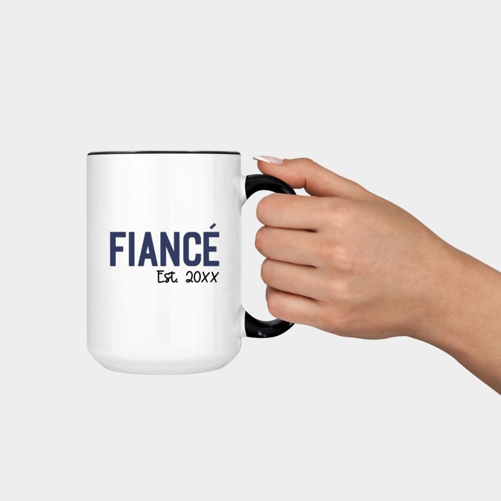 Fiancé and fiancée matching couples coffee mug. Getting ready for a honeymoon vacation, family reunion cruise to celebrate your engagement? This his and hers matching souvenir is always a hit. Customized with date, it is a perfect bridal party wedding gift idea for bride and groom. Also great as a welcome gift for future soon-to-be daughter-in-law or son-in-law and new Mr and Mrs.
