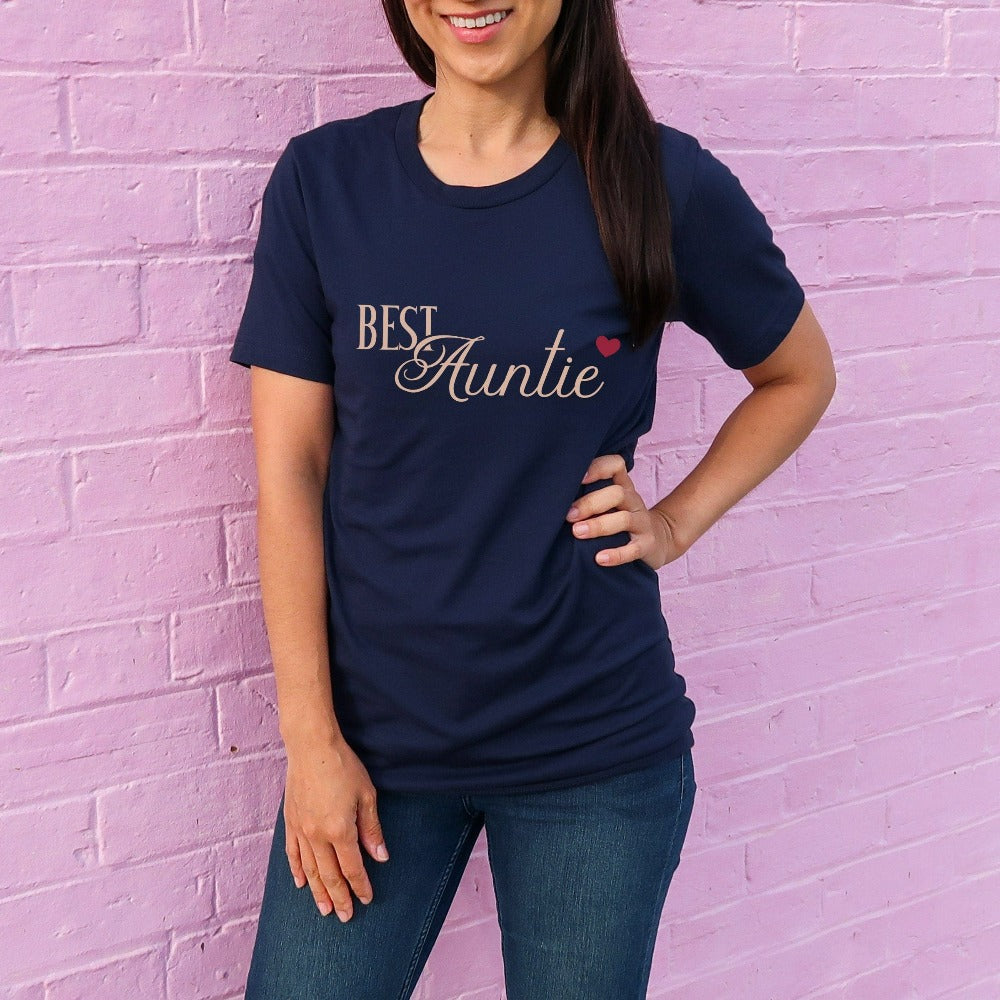 Show love and appreciation with this minimalist best auntie shirt. Whether it's for a family reunion, weekend visit, birthday or Christmas holidays, this adorable top is a thoughtful gift idea for your aunt. Makes a great memorable present from niece or nephew on her special day. This cute uplifting casual tee outfit for aunty is a great idea for a pregnancy reveal or new baby announcement surprise to your sister, family, sibling or best friend as the newest favorite funtie tia!