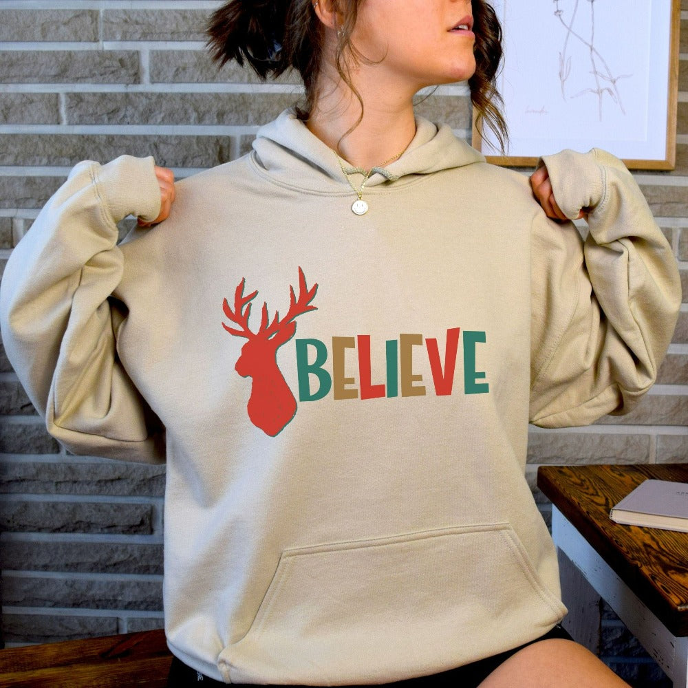 Gift for Christmas, Believe Christmas Sweatshirt, Motivational Outfit for Girls Xmas Dance Presentation, Reindeer Christmas Sweater