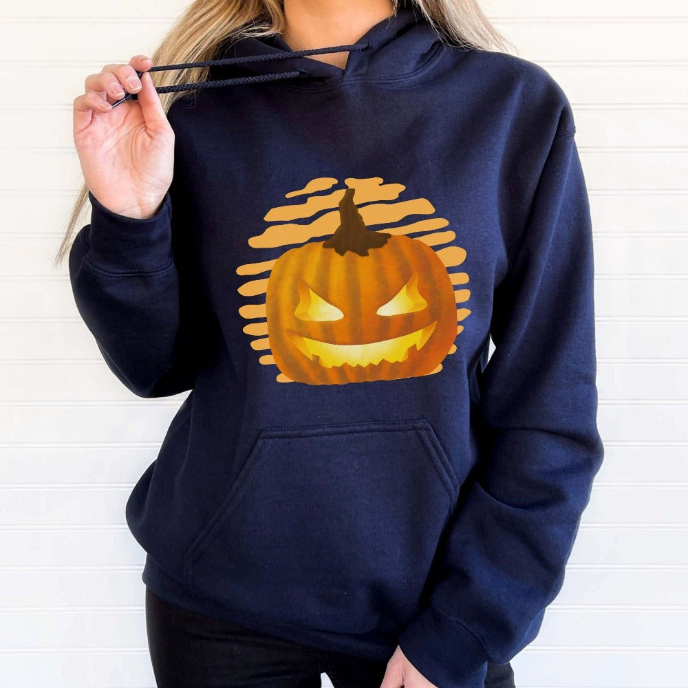 Halloween Jack-o-lantern sweatshirt. Get ready for spooky season with this adorable cheerful shirt. Perfect autumn and pumpkin season outfit for fall months.