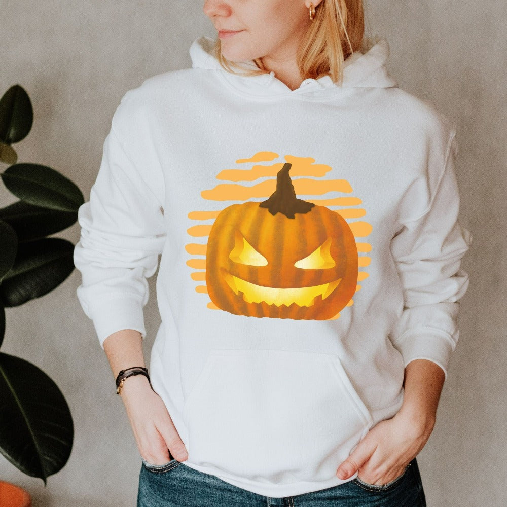 Halloween Jack-o-lantern sweatshirt. Get ready for spooky season with this adorable cheerful shirt. Perfect autumn and pumpkin season outfit for fall months.