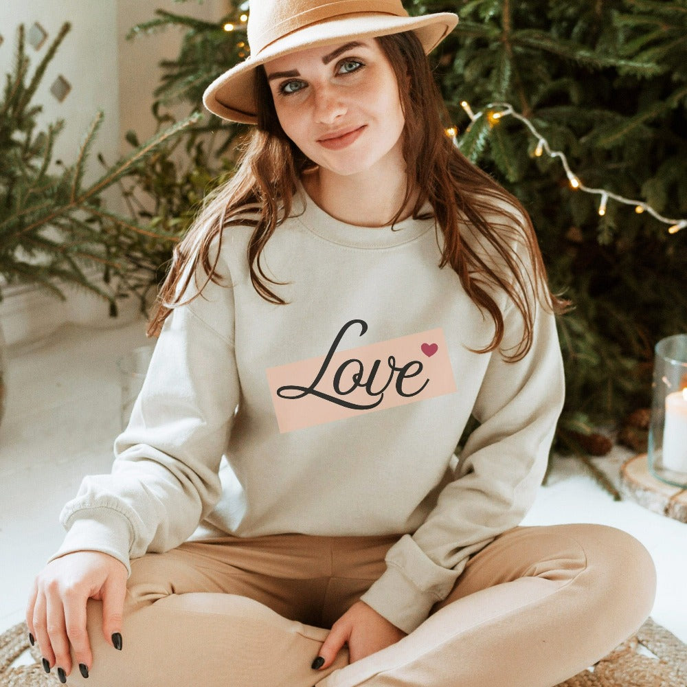 Adorable Love sweatshirt with heart expresses self love, love to others and is a thoughtful gift for people you care about including yourself. This can be a matching couples shirt, honeymoon travel outfit, or engagement gift idea for bride and groom. Great birthday, Christmas holiday, Mother's day, Valentines, wedding or anniversary gift for wife, spouse, husband, girlfriend, fiancée, mom, daughter, sister, best friend, aunt and more.