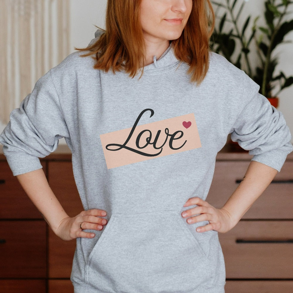 Adorable Love sweatshirt with heart expresses self love, love to others and is a thoughtful gift for people you care about including yourself. This can be a matching couples shirt, honeymoon travel outfit, or engagement gift idea for bride and groom. Great birthday, Christmas holiday, Mother's day, Valentines, engagement, wedding or anniversary gift for wife, spouse, husband, girlfriend, fiancée, mom, daughter, sister, best friend, aunt and more.