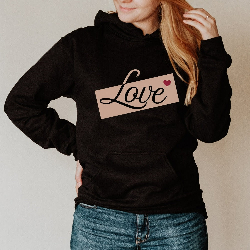 Adorable Love sweatshirt with heart expresses self love, love to others and is a thoughtful gift for people you care about including yourself. This can be a matching couples shirt, honeymoon travel outfit, or engagement gift idea for bride and groom. Great birthday, Christmas holiday, Mother's day, Valentines, engagement, wedding or anniversary gift for wife, spouse, husband, girlfriend, fiancée, mom, daughter, sister, best friend, aunt and more.