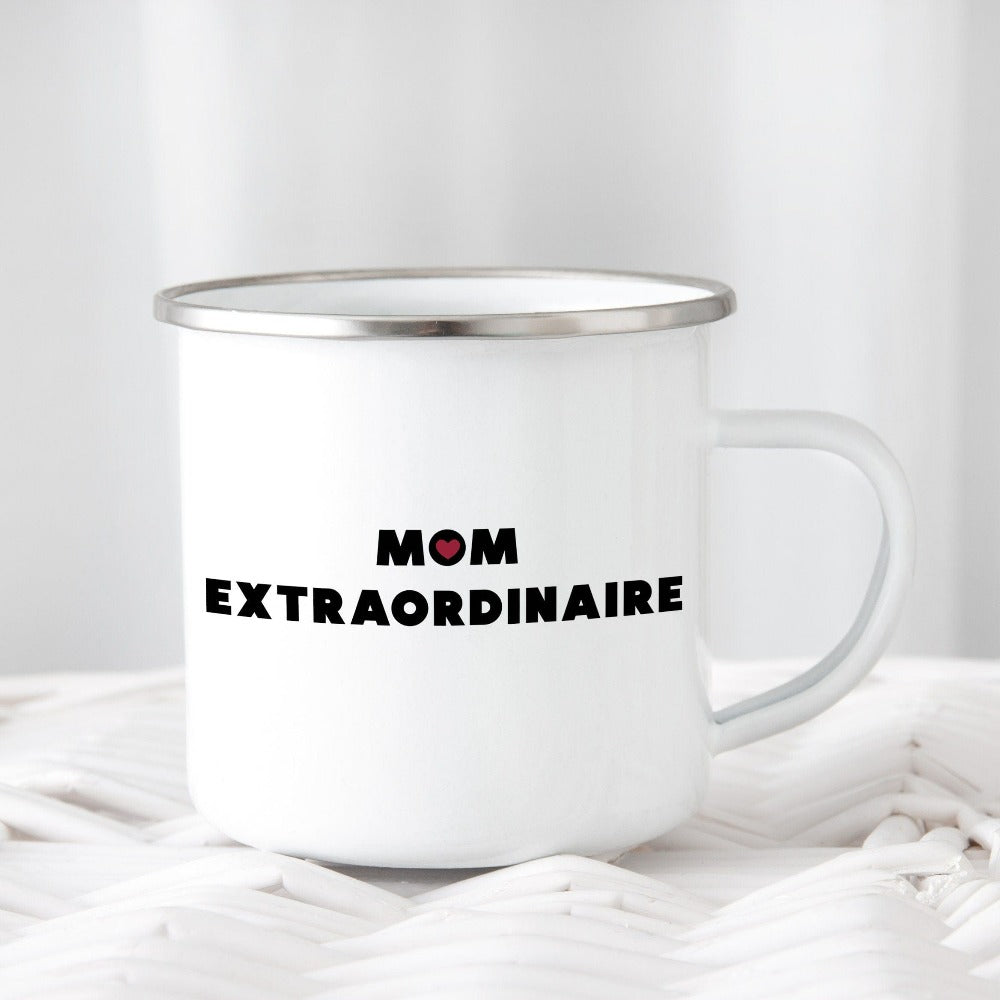 Mom Extraordinaire coffee mug. Celebrate mama and family with this tea cup perfect for Mother's Day. This is a great baby announcement gift idea or baby shower present for the new mom. Also makes for a nice appreciative holiday gift from daughter or son.