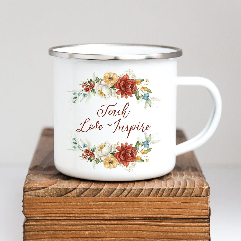 Floral botanical back to school teacher gift idea. This adorable coffee mug is for first day of school, last day, summer break or everyday appreciation present for your favorite kindergarten or grade teacher. Teach, Love, Inspire, Learn and Motivate in this positive beverage mug perfect for both classroom, break room and home office use.