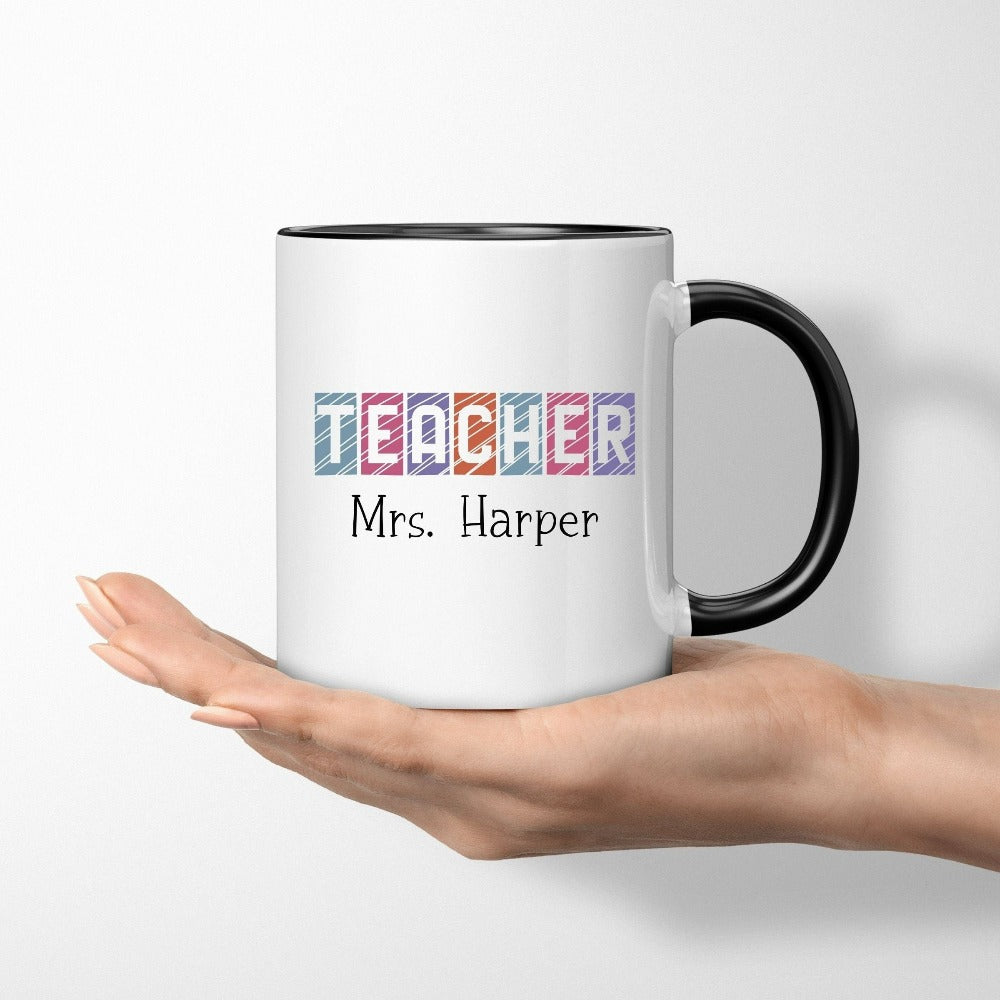 Custom name coffee mug gift idea for teacher, trainer, instructor and homeschool mama. Show appreciation to your favorite grade teacher with this vibrant trendy beverage cup. Perfect for elementary, middle or high school, back to school, last day of school, summer or spring break. Great for everyday use both in and out of the classroom.