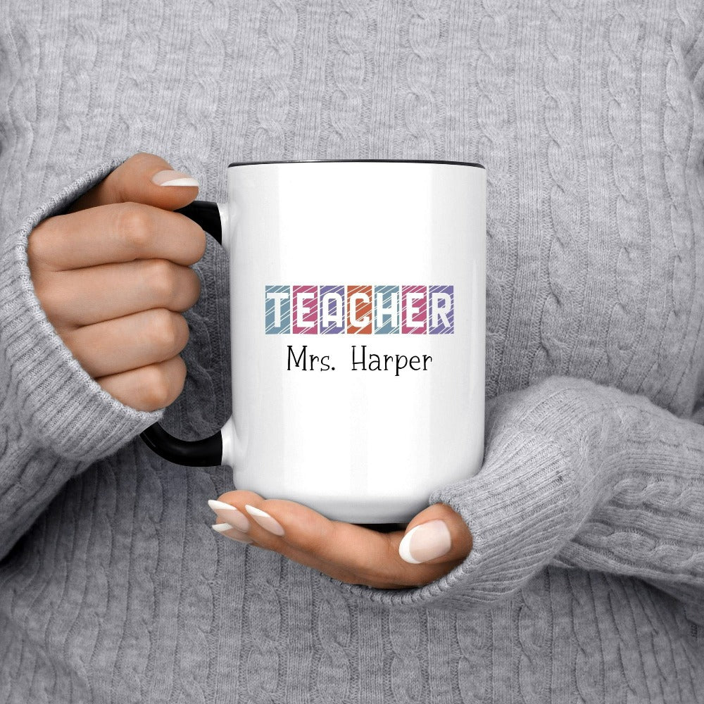 Custom name coffee mug gift idea for teacher, trainer, instructor and homeschool mama. Show appreciation to your favorite grade teacher with this vibrant trendy beverage cup. Perfect for elementary, middle or high school, back to school, last day of school, summer or spring break. Great for everyday use both in and out of the classroom.
