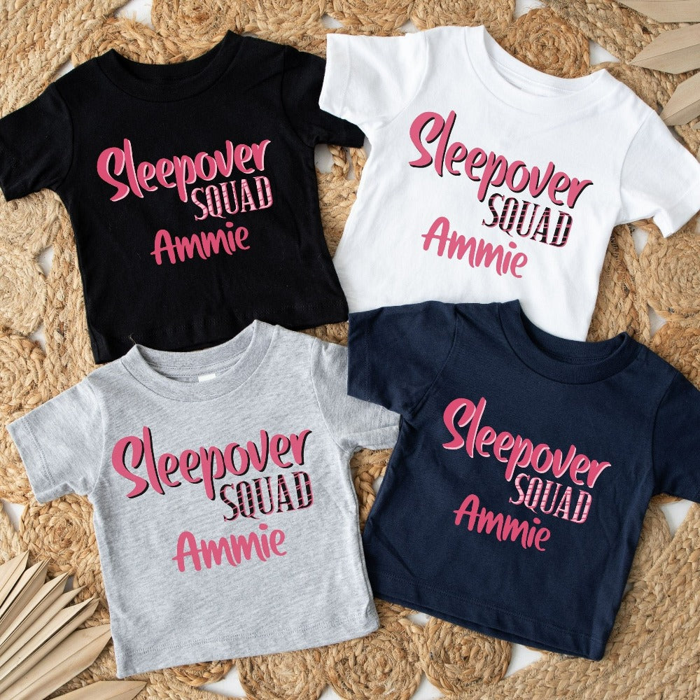 Cute personalized sleepover shirt for besties. Perfect for daughter, niece or friend's birthday, bridal shower, bachelorette wedding party or as girls slumber lounge pajamas set. Great teen or ladies favors gift idea when customized with name.