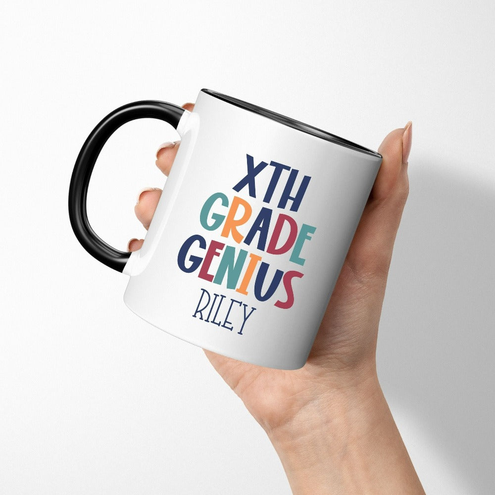 Customize this new grade, back to school mug gift idea for your genius. For first day of school, school field trips, 100 days of school, graduation or a new grade. Perfect name present for everyday use in or out of classroom. Hello class souvenir for first, second, third, fourth, fifth, sixth grade and more.