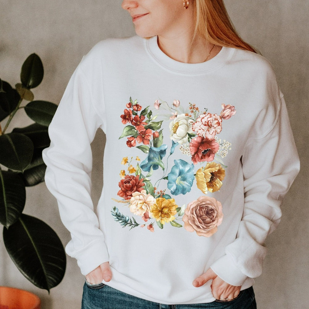 Wildflower floral graphic sweatshirt. This botanical wild flower pullover is great for Mother's Day, birthday, Christmas holidays, gift for best friend, daughter, mom or loved one especially anyone that loves nature, flowers and adorable watercolor shirts. Vintage boho look, soft comfy feel and a flattering fashionable fit makes this a great outfit and gift idea.