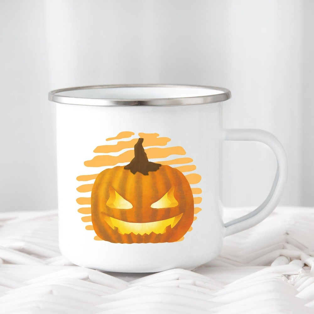 Halloween Jack-o-lantern coffee mug. Get ready for spooky season with this adorable cheerful beverage mug. Perfect autumn and pumpkin season souvenir for fall months.
