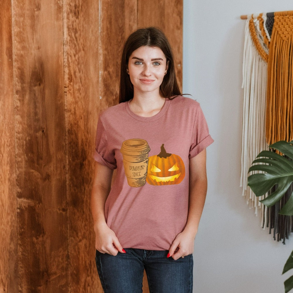 Halloween Jack-o-lantern pumpkin spice coffee shirt. Get ready for spooky season with this adorable cheerful t-shirt. Perfect autumn and pumpkin season outfit for fall months.