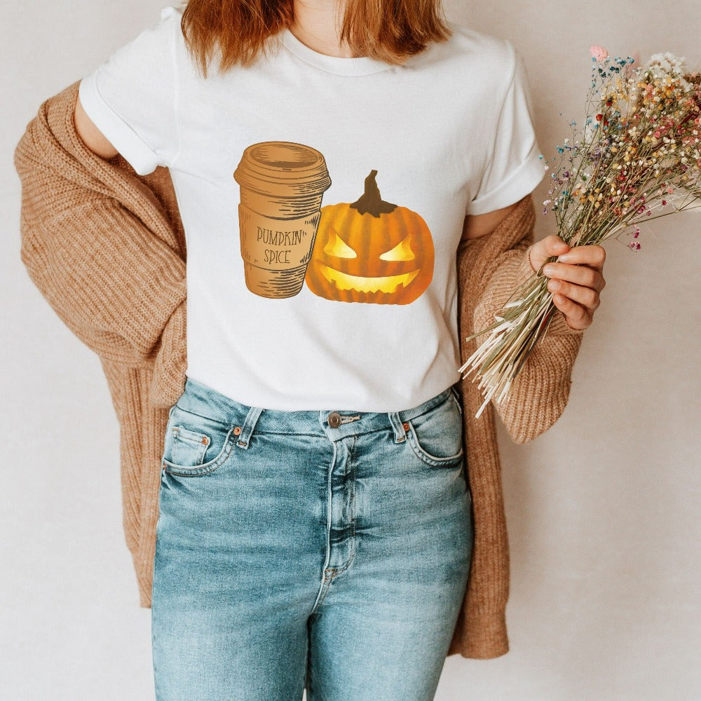 Halloween Jack-o-lantern pumpkin spice coffee shirt. Get ready for spooky season with this adorable cheerful t-shirt. Perfect autumn and pumpkin season outfit for fall months.