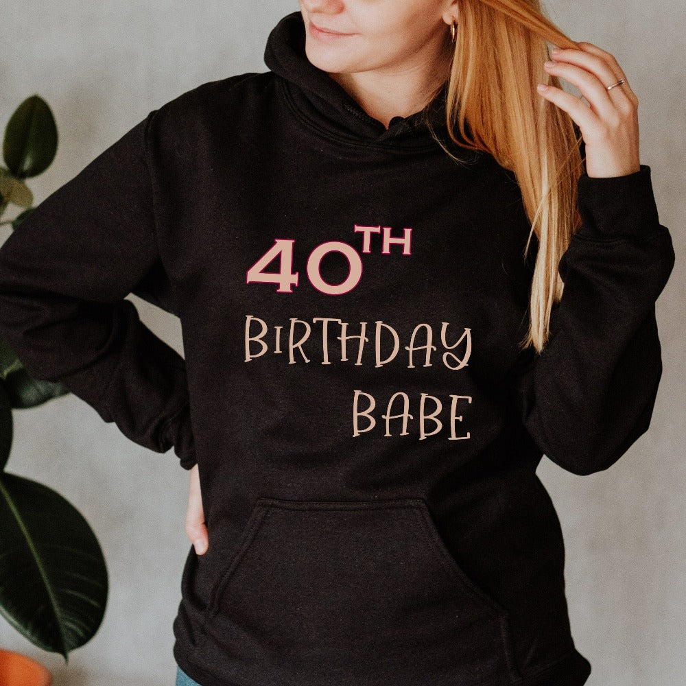 Say Hello 40 with this cute gift outfit for the 40th birthday babe. Celebrate the fabulous forty with your crew and stand out with a fun party hoodie. This is a great present for the 40 year old queen, sister, mom, daughter or best friend. It makes for a memorable new age celebration hoodie,