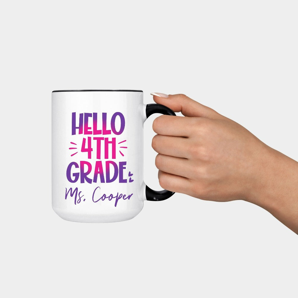 Hello 4th Grade! Customize this retro vibrant new grade coffee mug as a thank you gift idea for teacher, trainer, instructor and homeschool mama. Create a custom look and show appreciation to your favorite grade teacher with this unique present. Perfect for elementary team spirit, back to school, last day of school, summer or spring break. Great for everyday use both in and out of the classroom.