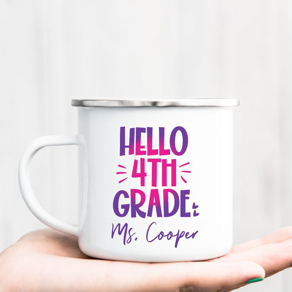 Hello 4th Grade! Customize this retro vibrant new grade coffee mug as a thank you gift idea for teacher, trainer, instructor and homeschool mama. Create a custom look and show appreciation to your favorite grade teacher with this unique present. Perfect for elementary team spirit, back to school, last day of school, summer or spring break. Great for everyday use both in and out of the classroom.
