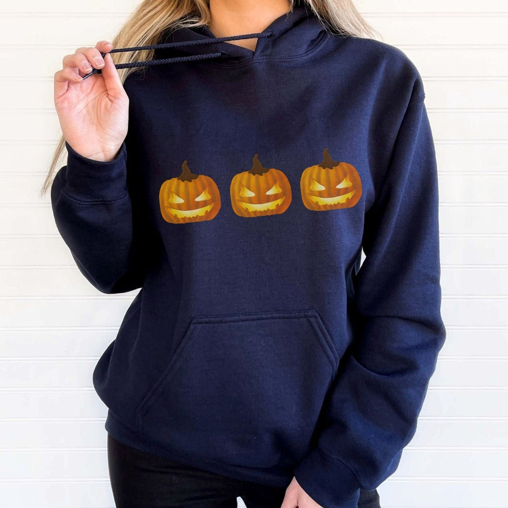 Halloween Jack-o-lantern Sweatshirt. Get ready for spooky season with this adorable cheerful shirt. Perfect autumn and pumpkin season outfit for fall months.