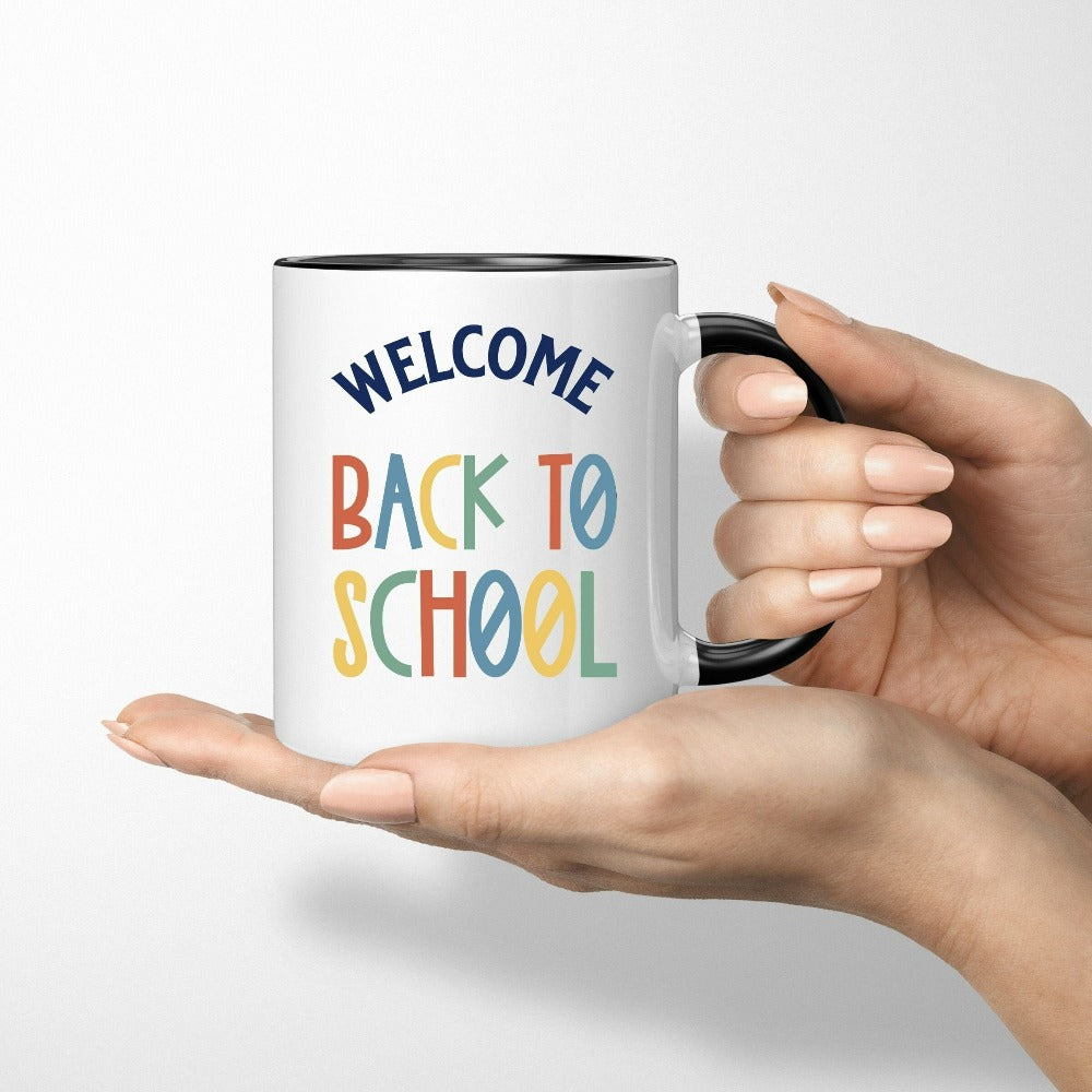 First day welcome back to school new grade teacher coffee mug. This cute and unique mug is great for school start, and makes a great gift idea for your favorite elementary, middle or high school teacher. Grab this for your staff teacher school crew as a matching souvenir.