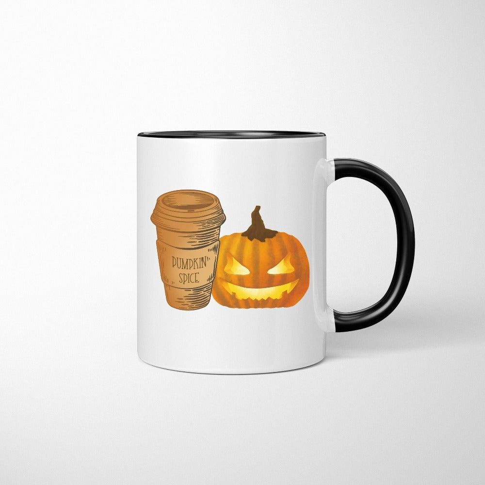 Halloween Jack-o-lantern pumpkin spice coffee mug. Get ready for spooky season with this adorable cheerful beverage mug. Perfect autumn and pumpkin season souvenir for fall months.
