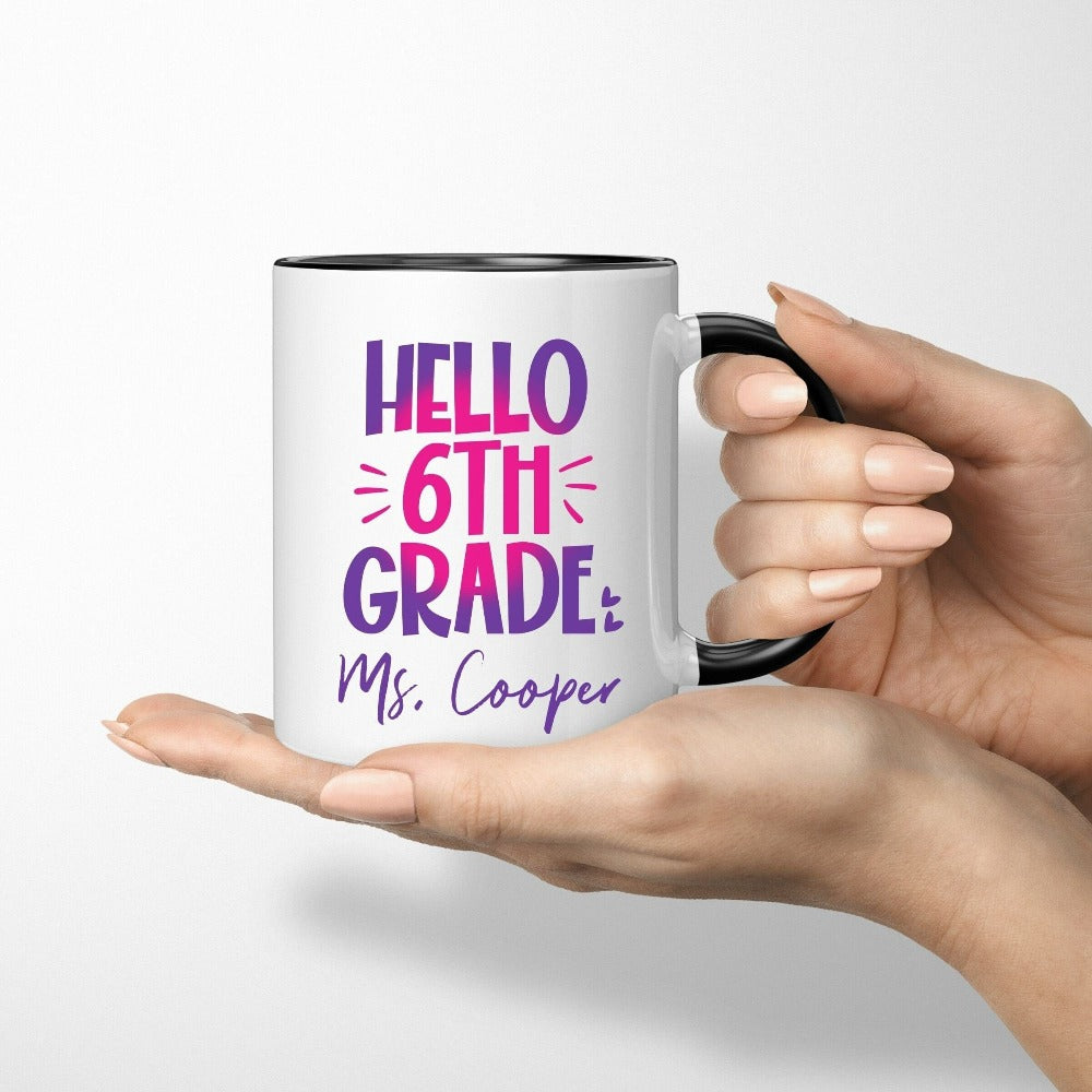 Hello 6th Grade! Customize this retro vibrant new grade coffee mug as a thank you gift idea for teacher, trainer, instructor and homeschool mama. Create a custom look and show appreciation to your favorite grade teacher with this unique present. Perfect for middle school team spirit, back to school, last day of school, summer or spring break. Great for everyday use both in and out of the classroom.