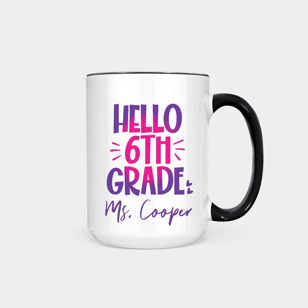 Hello 6th Grade! Customize this retro vibrant new grade coffee mug as a thank you gift idea for teacher, trainer, instructor and homeschool mama. Create a custom look and show appreciation to your favorite grade teacher with this unique present. Perfect for middle school team spirit, back to school, last day of school, summer or spring break. Great for everyday use both in and out of the classroom.