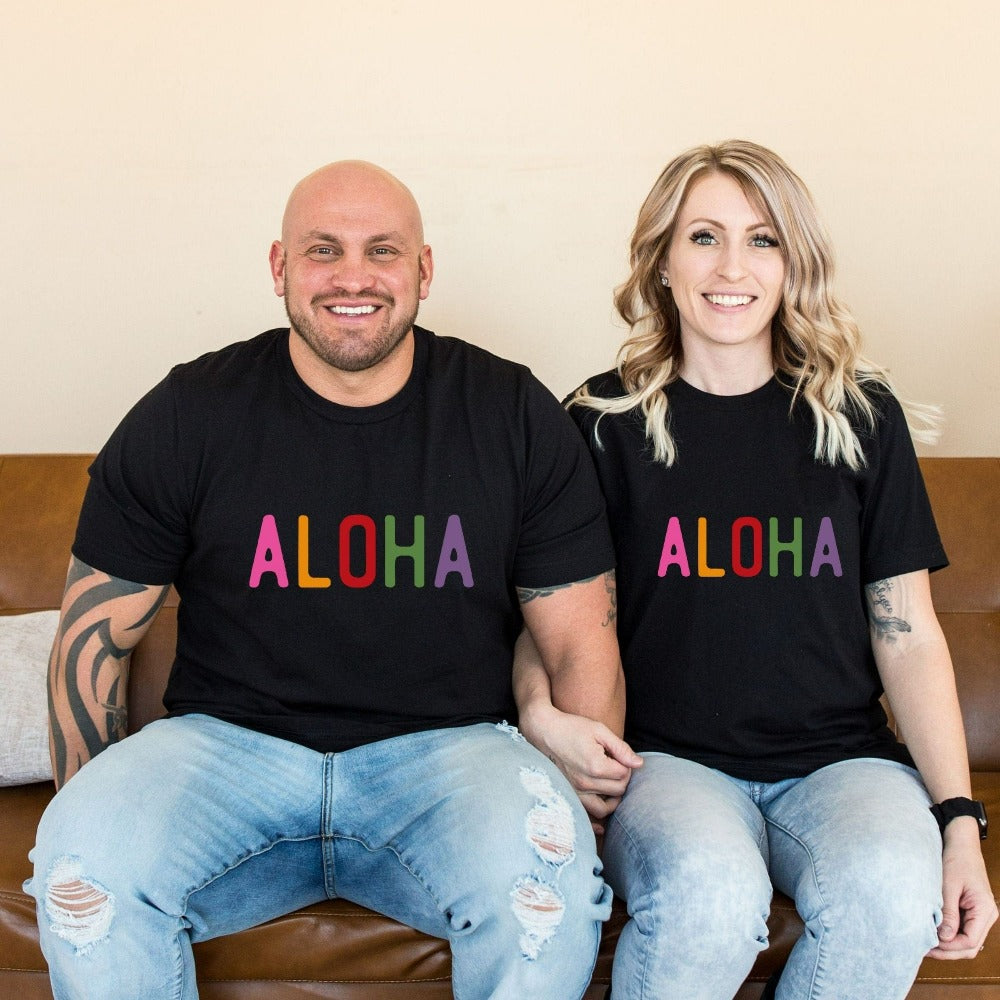 Aloha with this cute vacation shirt for your family beach island cruise, dream destination honeymoon getaway, mother daughter weekend adventure, girls trip matching outfit. This perfect vibrant Hawaii travel tee is great as a summer break gift for your favorite traveler crew.
