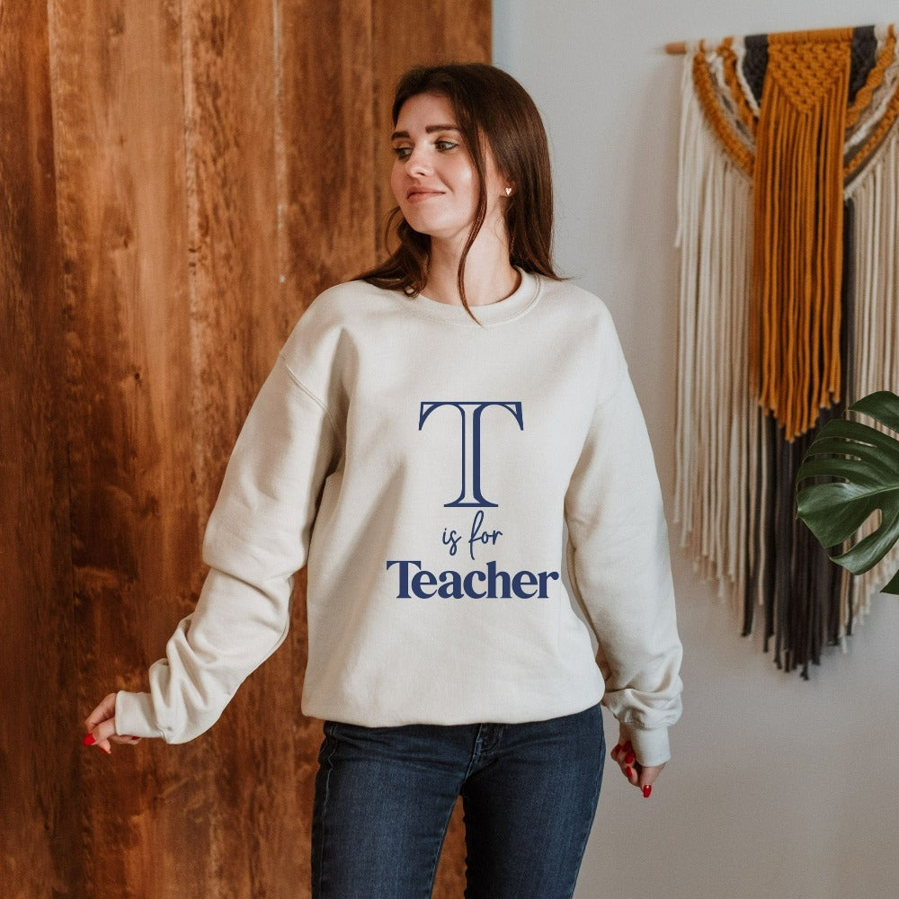 Fun alphabet sweatshirt gift idea for teacher, trainer, instructor and homeschool mama. Show appreciation to your favorite grade teacher with this minimalist humorous shirt. Perfect for elementary, middle or high school, back to school, last day of school, summer or spiring break. Great for everyday use both in and out of the classroom.