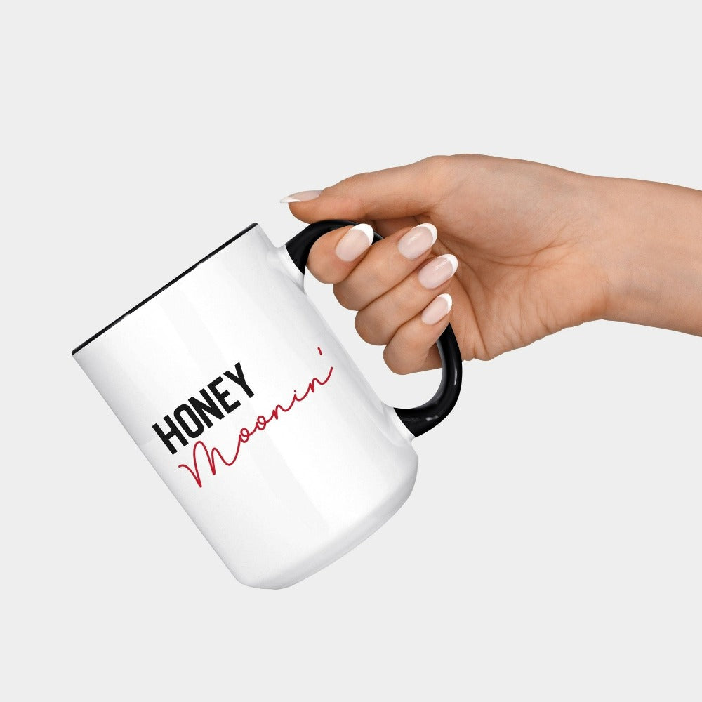 Matching honeymooning coffee mug souvenir for newly engaged couple. This funny beverage mug is perfect as a gift from bridesmaid, bridal shower and engagement party presents. Finally heading out for your honeymoon, grab this minimalist mug while you get ready and get in the vacation mode with your travel buddy.