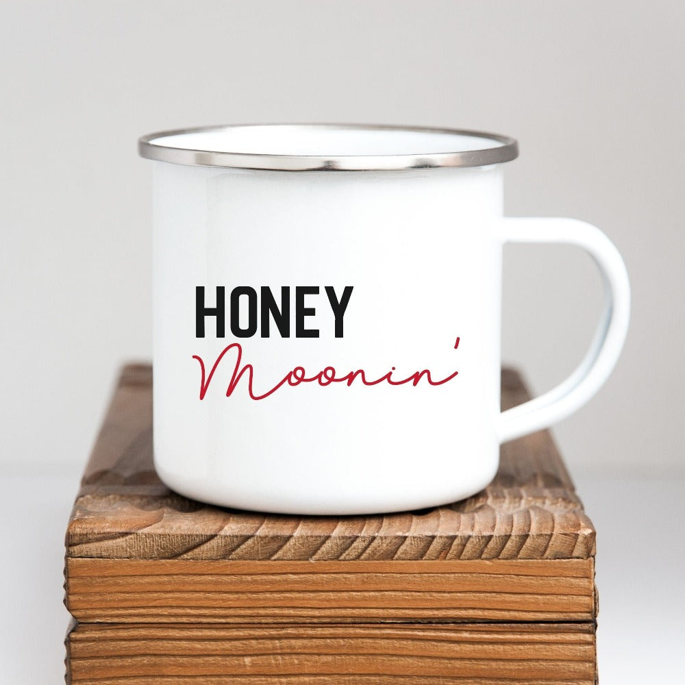 Matching honeymooning coffee mug souvenir for newly engaged couple. This funny beverage mug is perfect as a gift from bridesmaid, bridal shower and engagement party presents. Finally heading out for your honeymoon, grab this minimalist mug while you get ready and get in the vacation mode with your travel buddy.