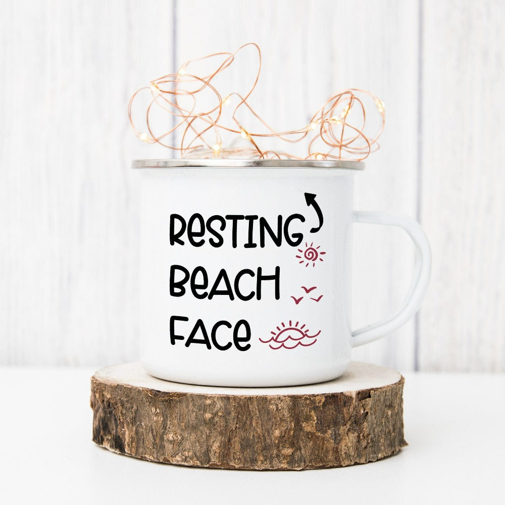 Humorous beach vacation Resting Beach Face saying coffee mug souvenir. This funny tea cup is perfect gift idea for your cruise vacay crew, weekend island getaway, girls trip or lake house family reunion trip. Get in the vacay mood with this hilarious beverage cup.