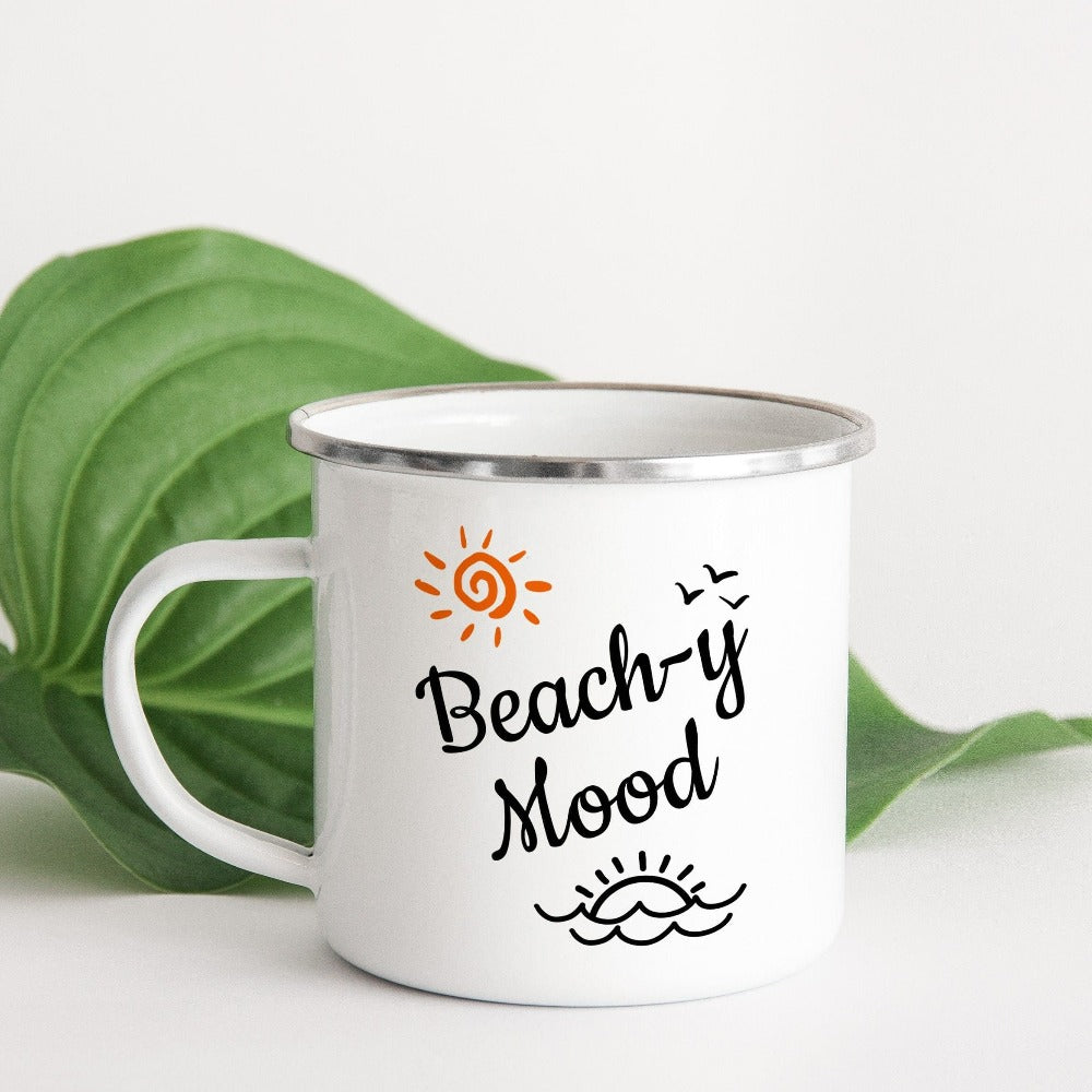 Get in the vacay mode with this humorous beach vacation "beach-y mood" coffee mug with a twist on words. This funny gift idea is perfect for planning your cruise vacation, girls trip, weekend island getaway, or lake house family reunion trip. Get in the vacay mood with this cute beverage cup. Perfect matching present for buddies, couples, best friends or sisters.