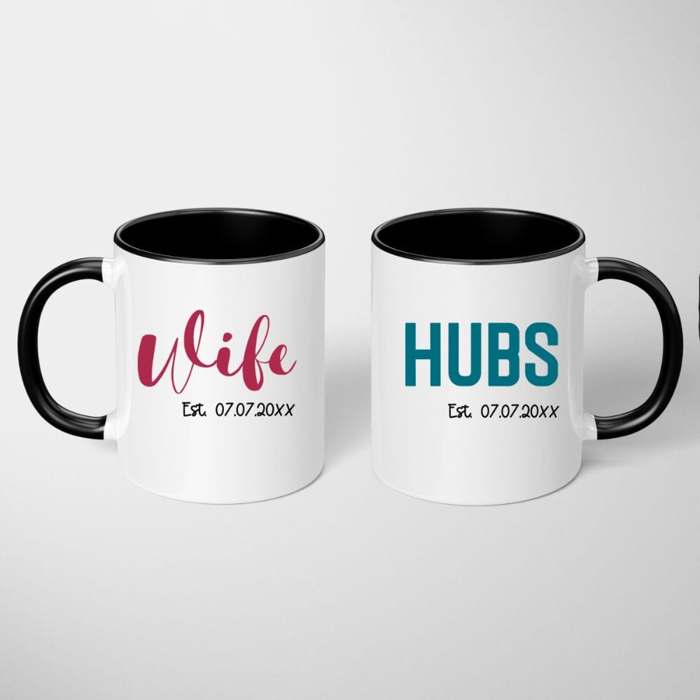 Mr and Mrs, Wife and Husband matching couples coffee mug. Heading out on a honeymoon vacation, family reunion cruise to celebrate your anniversary, this his and hers matching souvenir is always a hit. Customized with date, it is a perfect bridal party wedding gift idea for bride and groom. Also great as a welcome gift for future soon-to-be daughter-in-law or son-in-law.