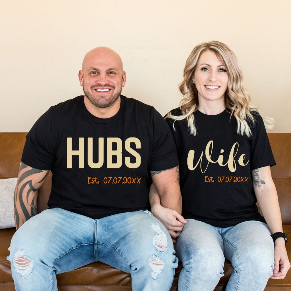 Mr and Mrs, Wife and Husband matching couples shirt. Heading out on a honeymoon vacation, family reunion cruise to celebrate your anniversary, this his and hers matching outfit is always a hit. Customized with date, it is a perfect bridal party wedding gift idea for bride and groom. Also great as a welcome gift for future soon-to-be daughter-in-law or son-in-law.