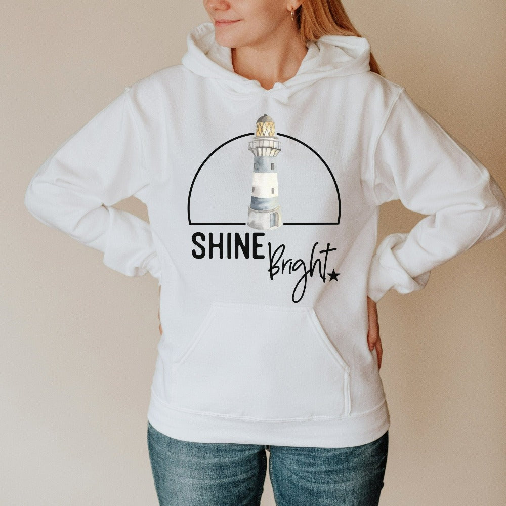 Shine bright in this coastal lighthouse hoodie. Spread positivity and motivational vibes with this gift idea that fits with multiple settings for mother, best friend, teenage or adult son, aunt, coworker or more. Unisex, soft and comfy. Great motivational birthday, Christmas holiday, Thanksgiving, Mother's Day present for mom, daughter, best friend, sister or co-worker.