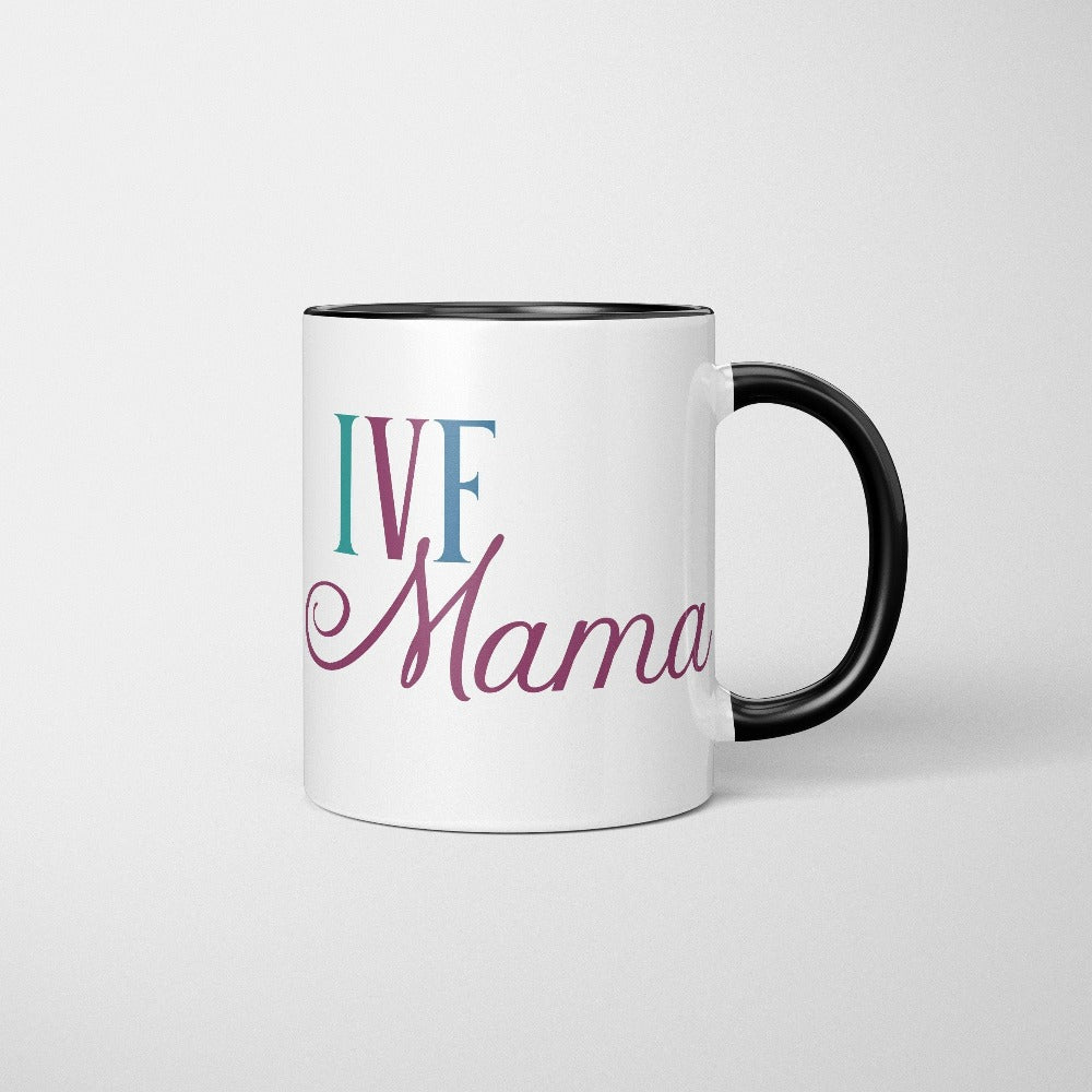 IVF Mama fertility treatment support gift idea for new mom's transfer day. Perfect coffee mug souvenir for family baby announcement for BFP (big fat positive) TTC (trying to conceive) journey. Celebrate with the newest coolest mom in your life with this cute trendy baby reveal, announcement or baby shower present for the embryo warrior you know!