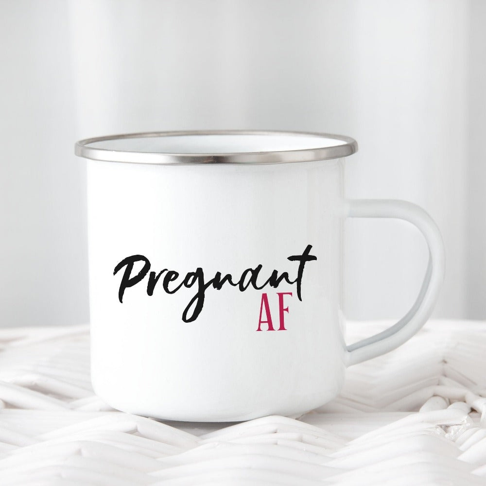 Cute pregnant AF mug. Celebrate your little blessing with this perfect BFP souvenir for soon to be mama. Great family surprise baby announcement idea for mother of multiples, expecting mother or gender reveal party. IVF baby shower gift.