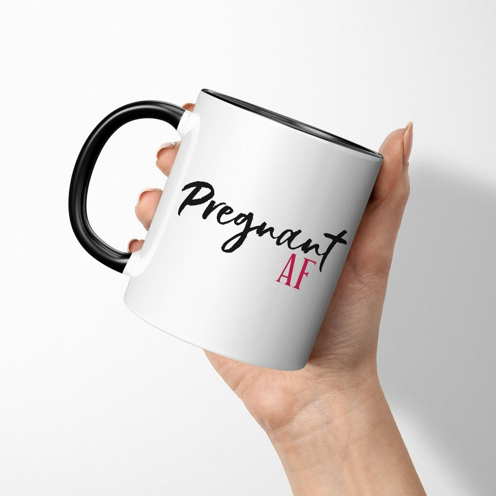Cute pregnant AF mug. Celebrate your little blessing with this perfect BFP souvenir for soon to be mama. Great family surprise baby announcement idea for mother of multiples, expecting mother or gender reveal party. IVF baby shower gift.
