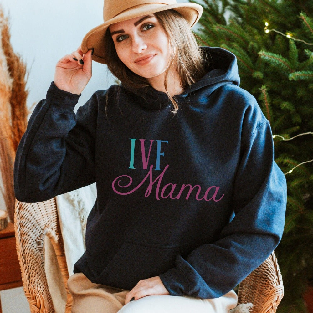 IVF Mama fertility treatment support gift idea for new mom's transfer day. Perfect sweatshirt for family baby announcement for BFP (big fat positive) TTC (trying to conceive) journey. Celebrate with the newest coolest mom in your life with this cute trendy baby reveal, announcement or baby shower present for the embryo warrior you know!
