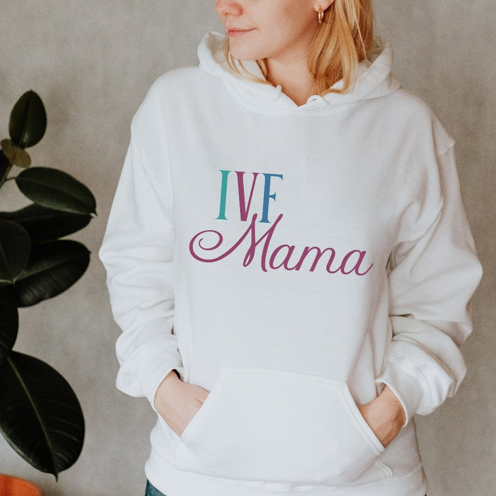 IVF Mama fertility treatment support gift idea for new mom's transfer day. Perfect sweatshirt for family baby announcement for BFP (big fat positive) TTC (trying to conceive) journey. Celebrate with the newest coolest mom in your life with this cute trendy baby reveal, announcement or baby shower present for the embryo warrior you know!