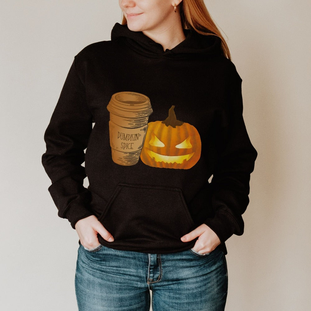 Halloween Jack-o-lantern pumpkin spice coffee Sweatshirt. Get ready for spooky season with this adorable cheerful shirt. Perfect autumn and pumpkin season outfit for fall months.
