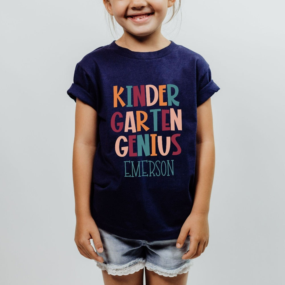 Customize this kindergarten, back to school shirt gift idea for your genius. For first day of school, school field trips, 100 days of school, graduation or a new grade. Perfect name tee outfit for everyday use in or out of classroom. Kinder Garten t-shirt.