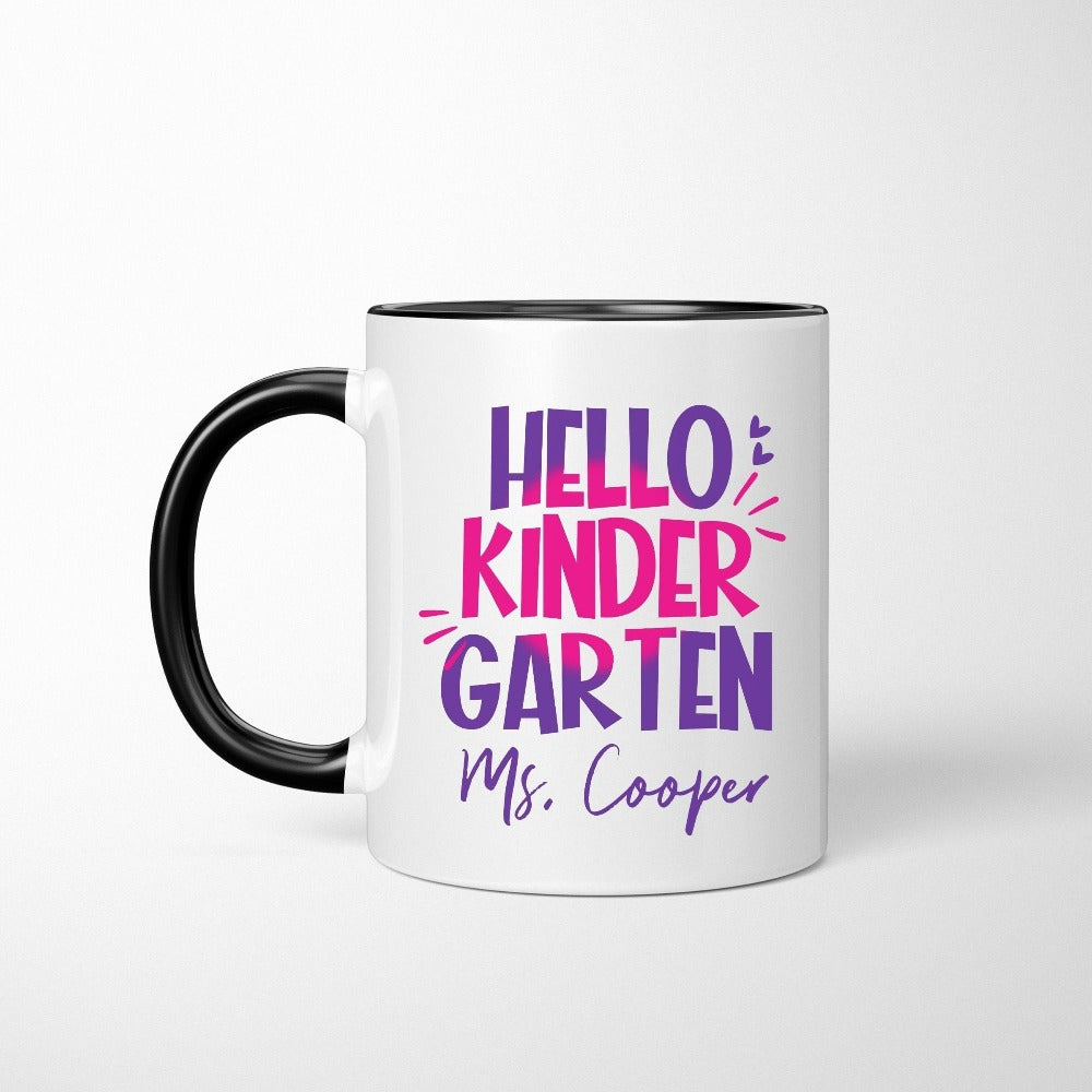 Hello Kindergarten! Customize this retro vibrant new grade coffee mug as a thank you gift idea for teacher, trainer, instructor and homeschool mama. Create a custom look and show appreciation to your favorite grade teacher with this unique present. Perfect for elementary team spirit, back to school, last day of school, summer or spring break. Great for everyday use both in and out of the classroom.